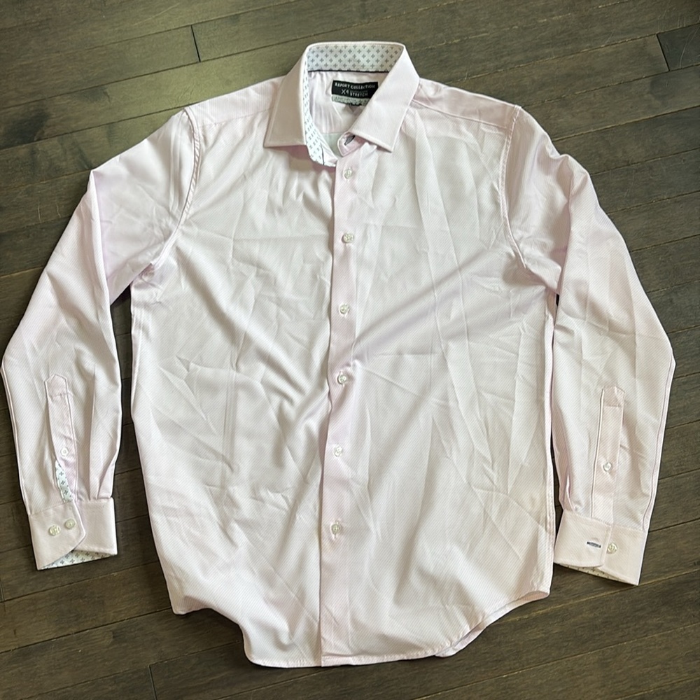 Men’s 33-3” Report Collection Pink and White Button Up Shirt with 4 Way Stretch